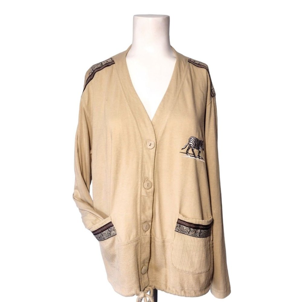 Aftershock Zebra Button Up Cardigan Size 1X Vtg Embroidered Beige Pockets Safari